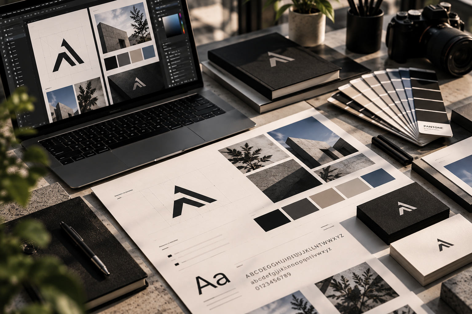 Branding-Designstudie mit Logo, Farbpalette und Geschäftsausstattung
